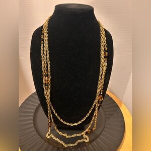 Vintage Joan Rivers Triple Strand Necklace w/ Amber Beads